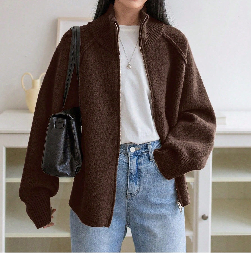Stand Collar Zip Up Knit Cardigan - Coffee