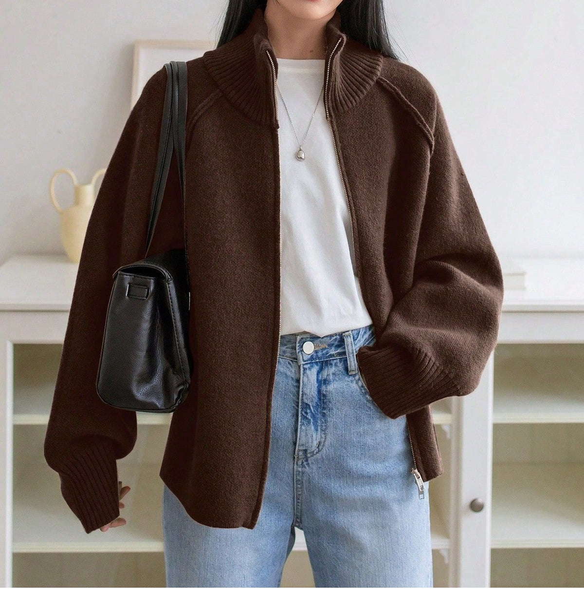 Stand Collar Zip Up Knit Cardigan - Coffee