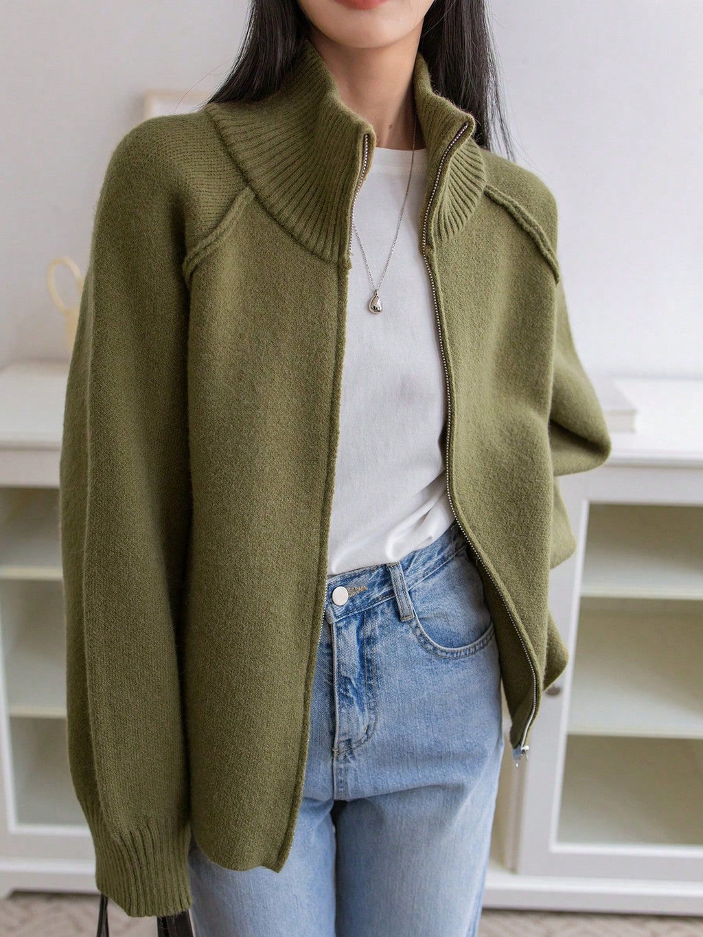 Stand Collar Zip Up Knit Cardigan - Green