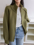 Stand Collar Zip Up Knit Cardigan - Green