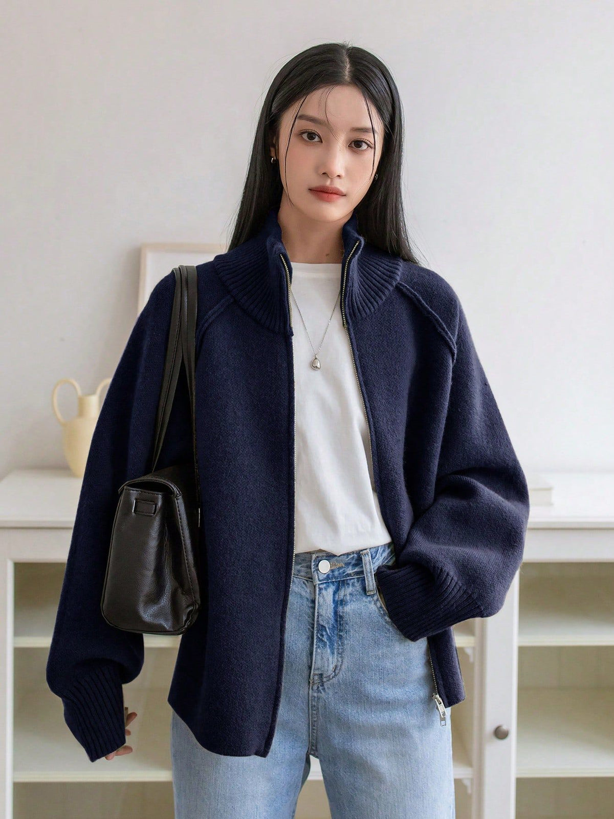 Stand Collar Zip Up Knit Cardigan - Navy