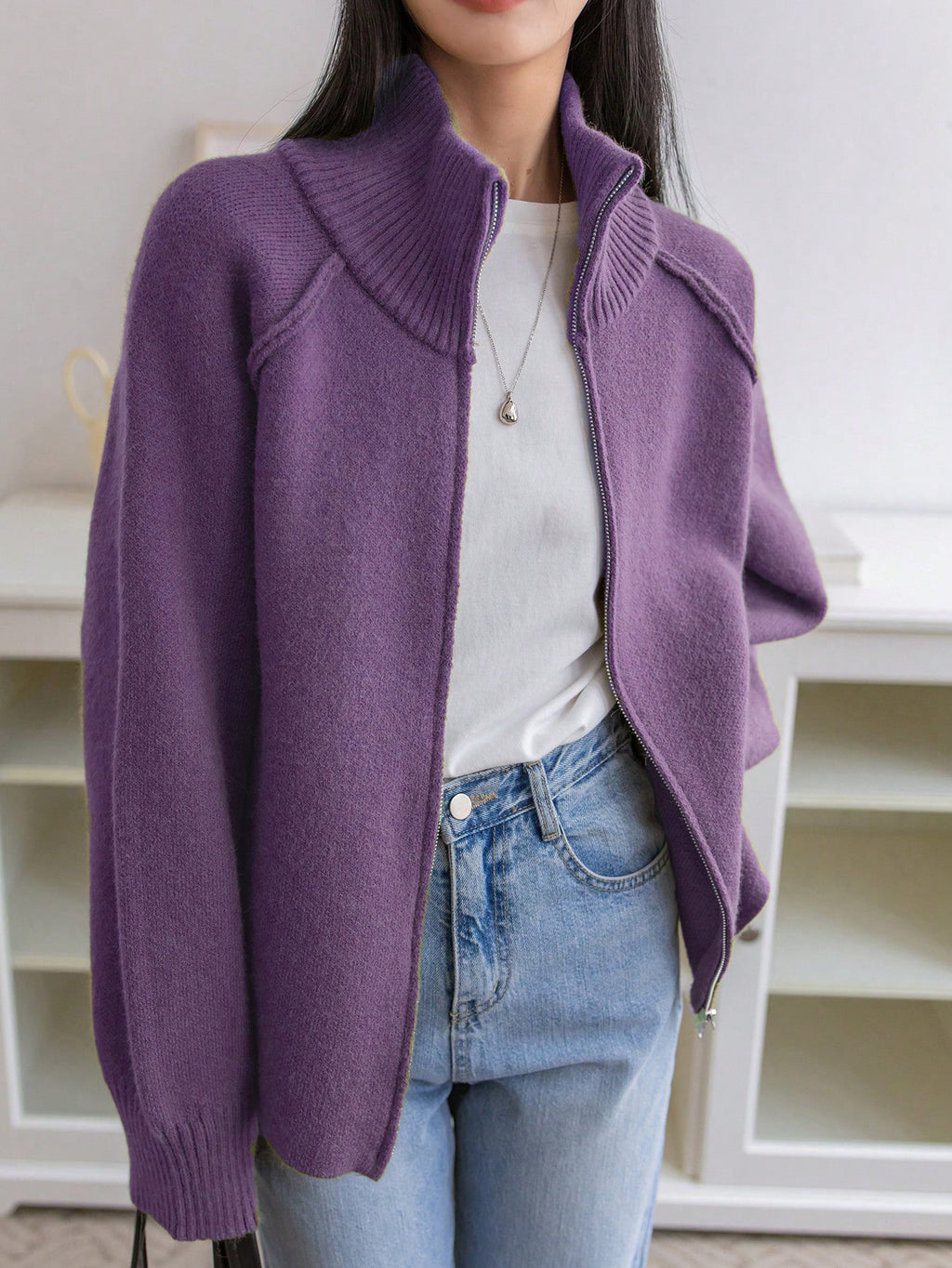 Stand Collar Zip Up Knit Cardigan - Purple