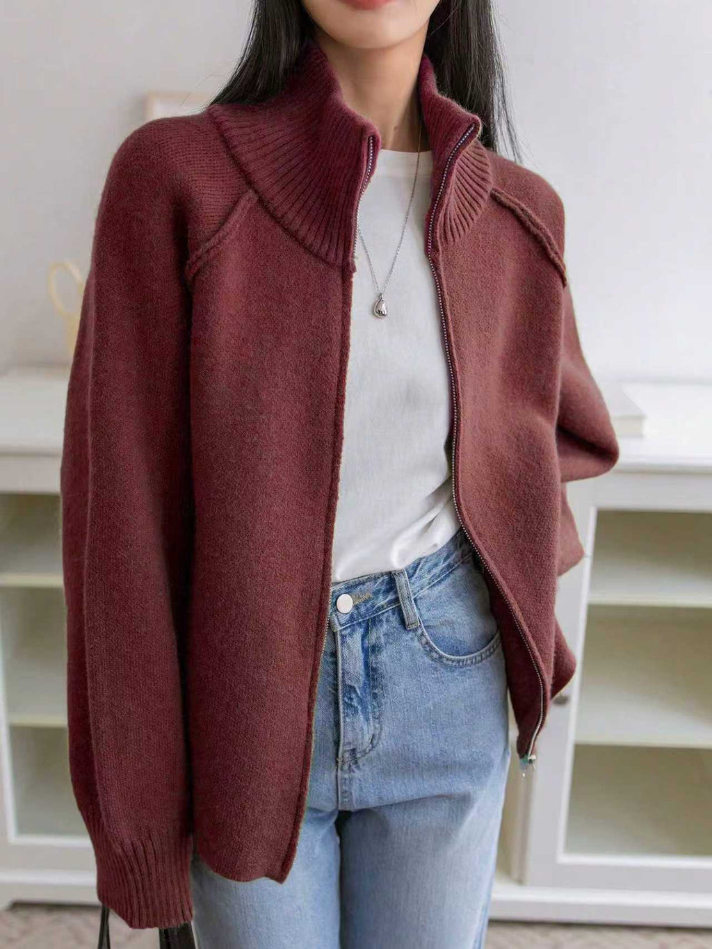 Stand Collar Zip Up Knit Cardigan - Red