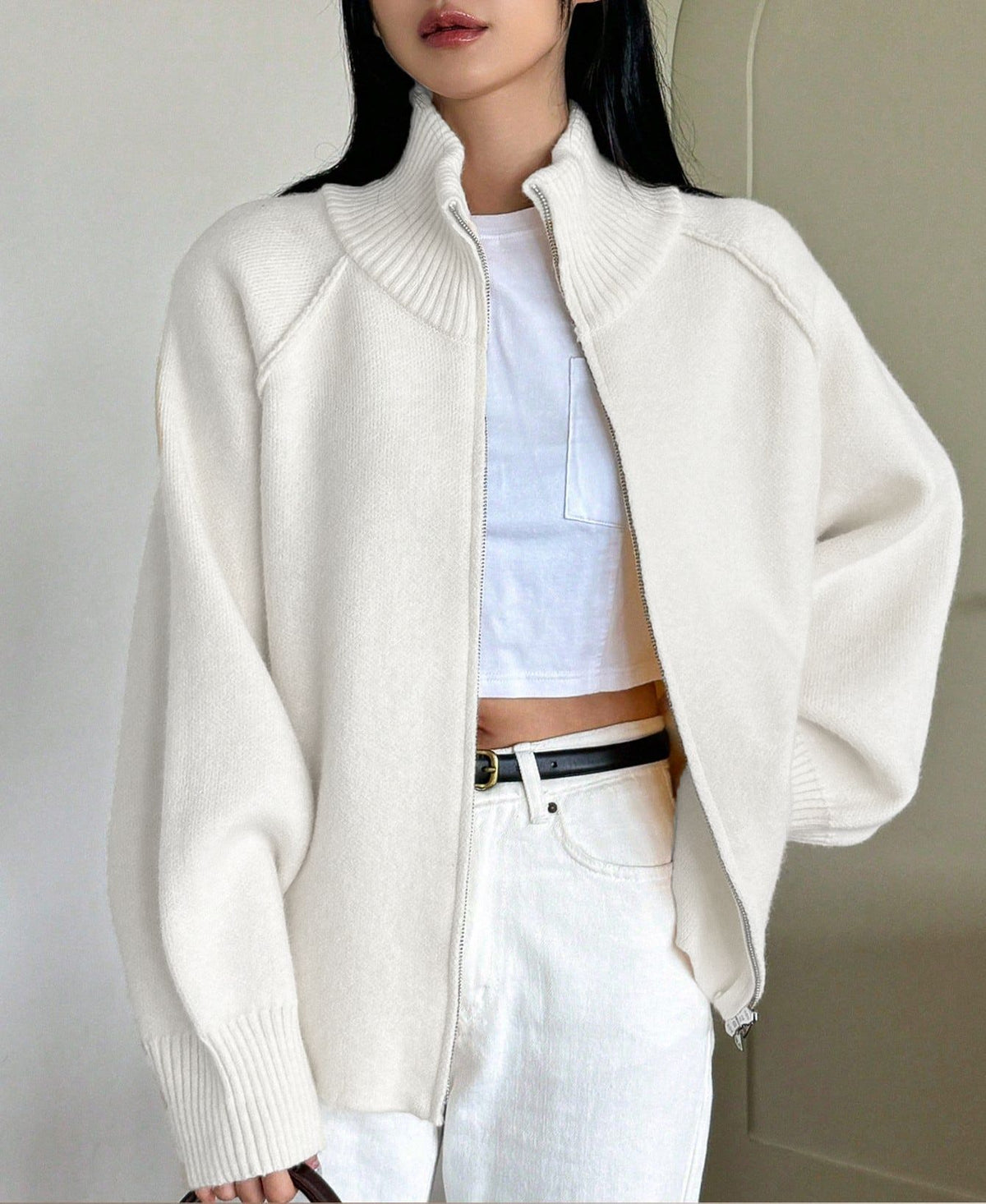 Stand Collar Zip Up Knit Cardigan - White