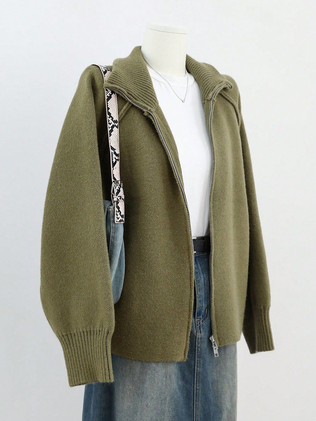 Stand Collar Zip Up Knit Cardigan