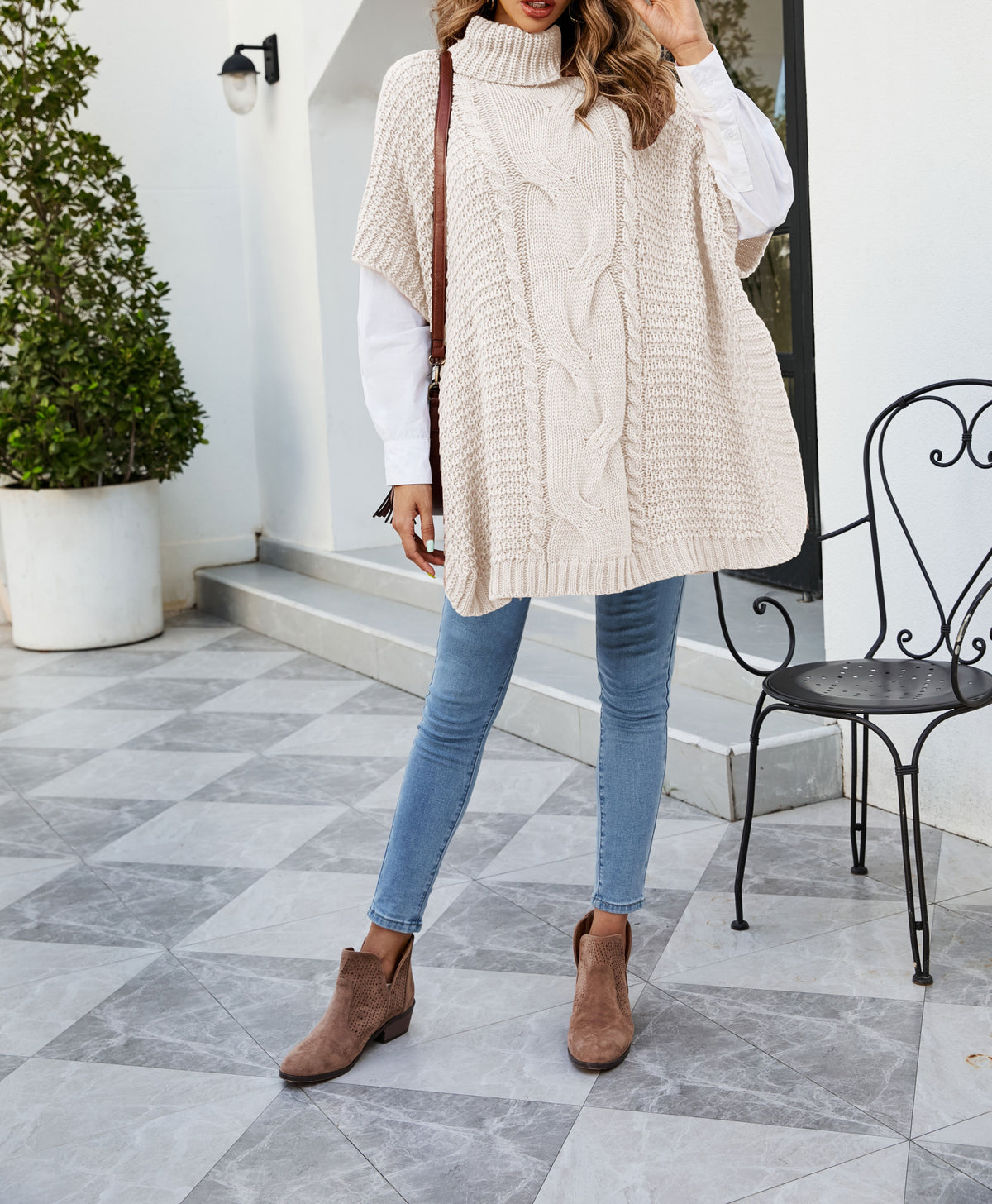 Cable Knit Turtleneck Cape Tunic Sweater - Apricot