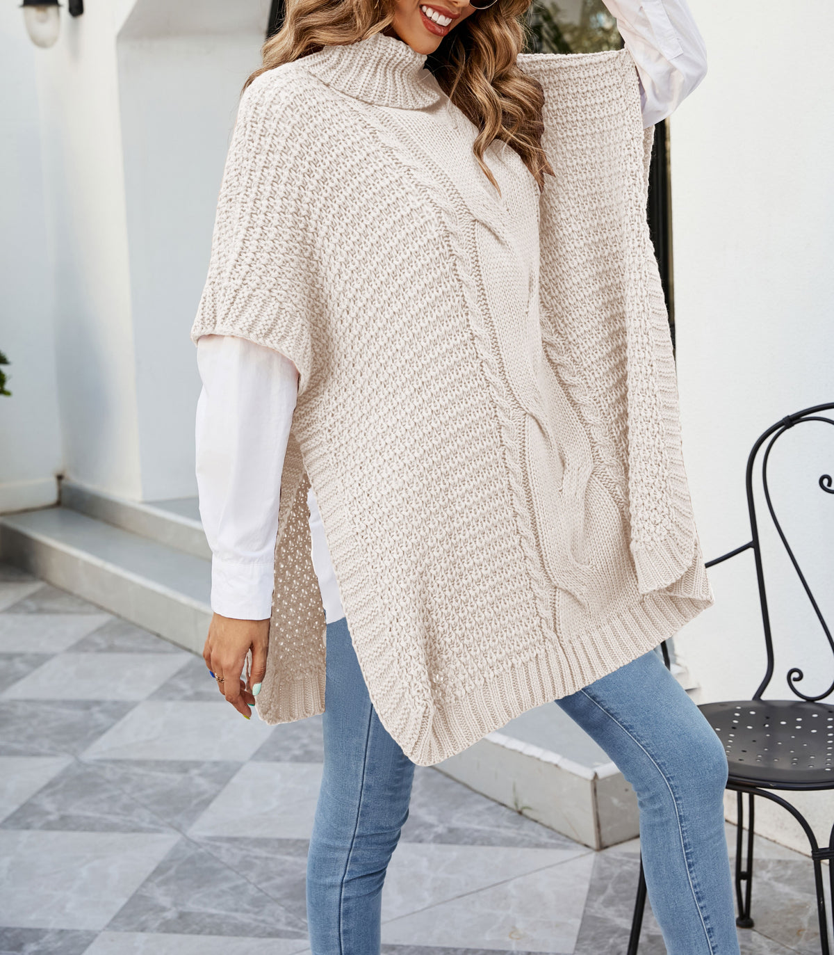 Cable Knit Turtleneck Cape Tunic Sweater - Apricot - 1