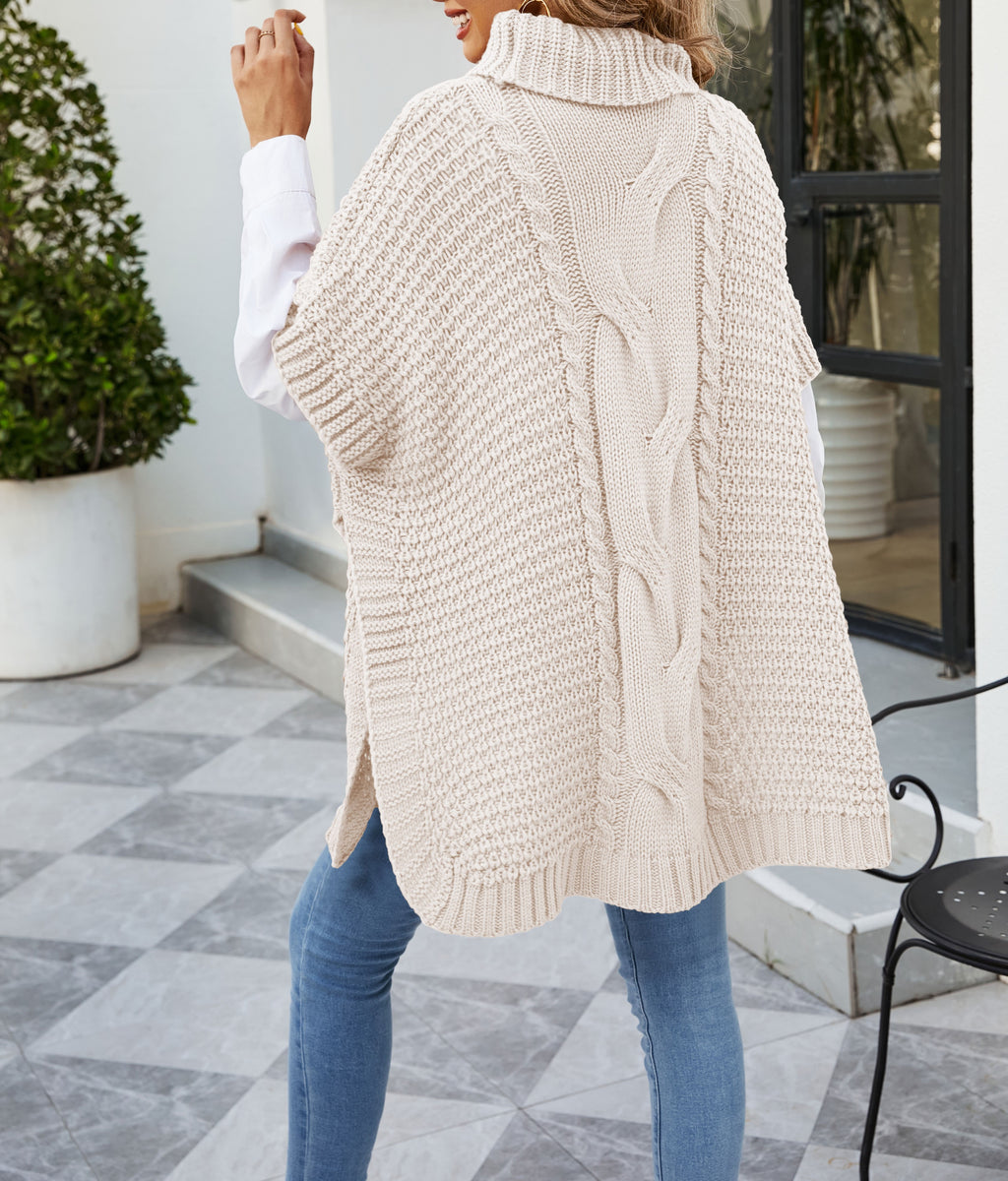 Cable Knit Turtleneck Cape Tunic Sweater - Apricot - 2