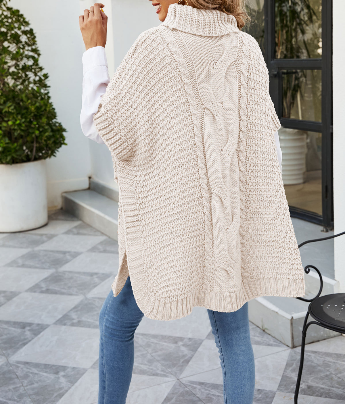 Cable Knit Turtleneck Cape Tunic Sweater - Apricot - 2