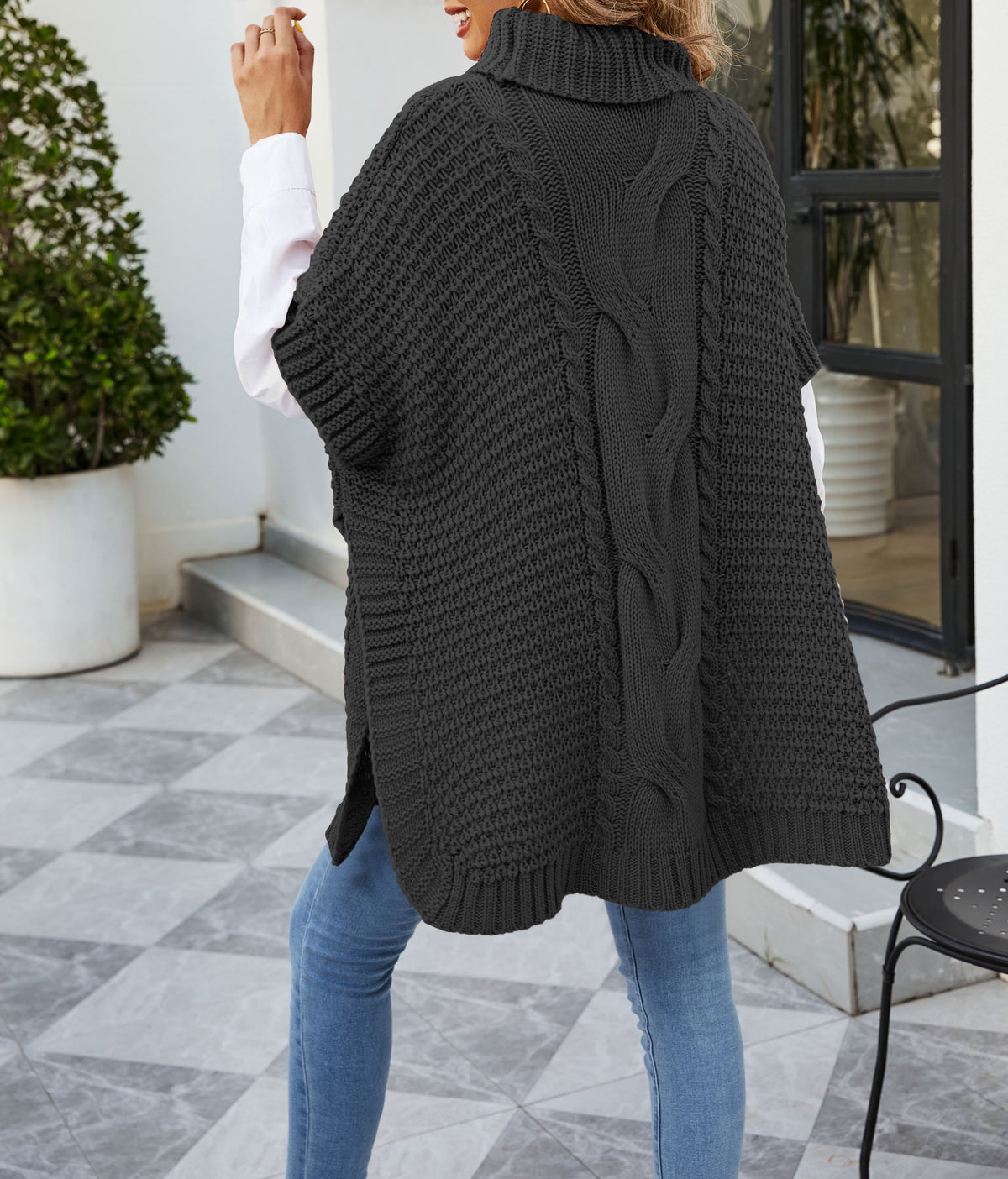 Cable Knit Turtleneck Cape Tunic Sweater - Black - 1
