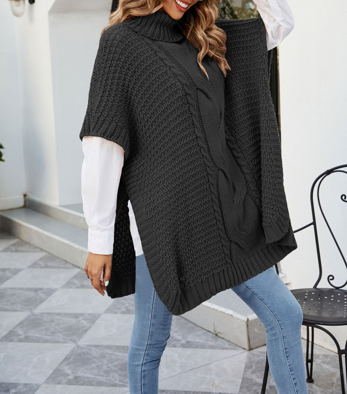 Cable Knit Turtleneck Cape Tunic Sweater - Black - 2