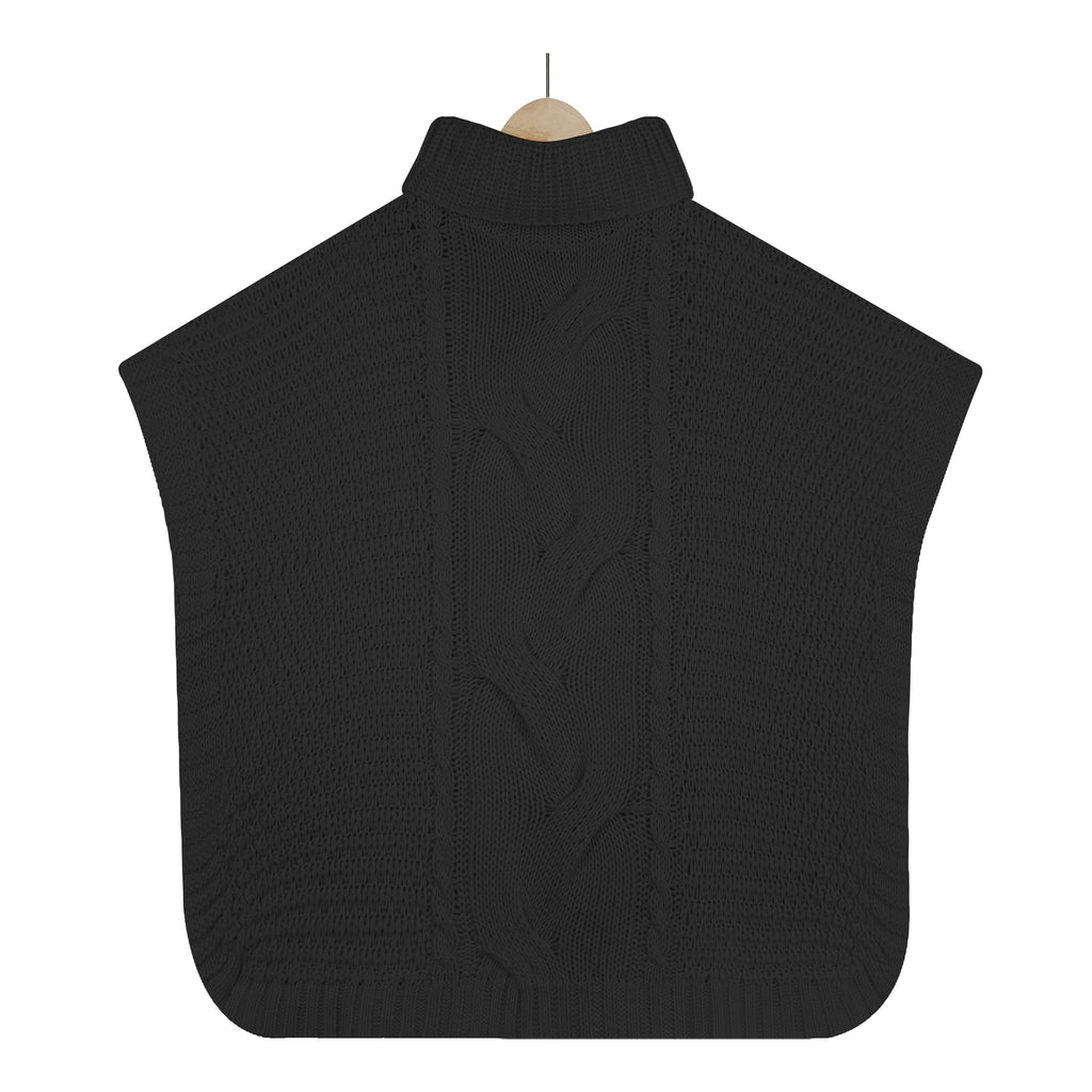 Cable Knit Turtleneck Cape Tunic Sweater - Black - 3