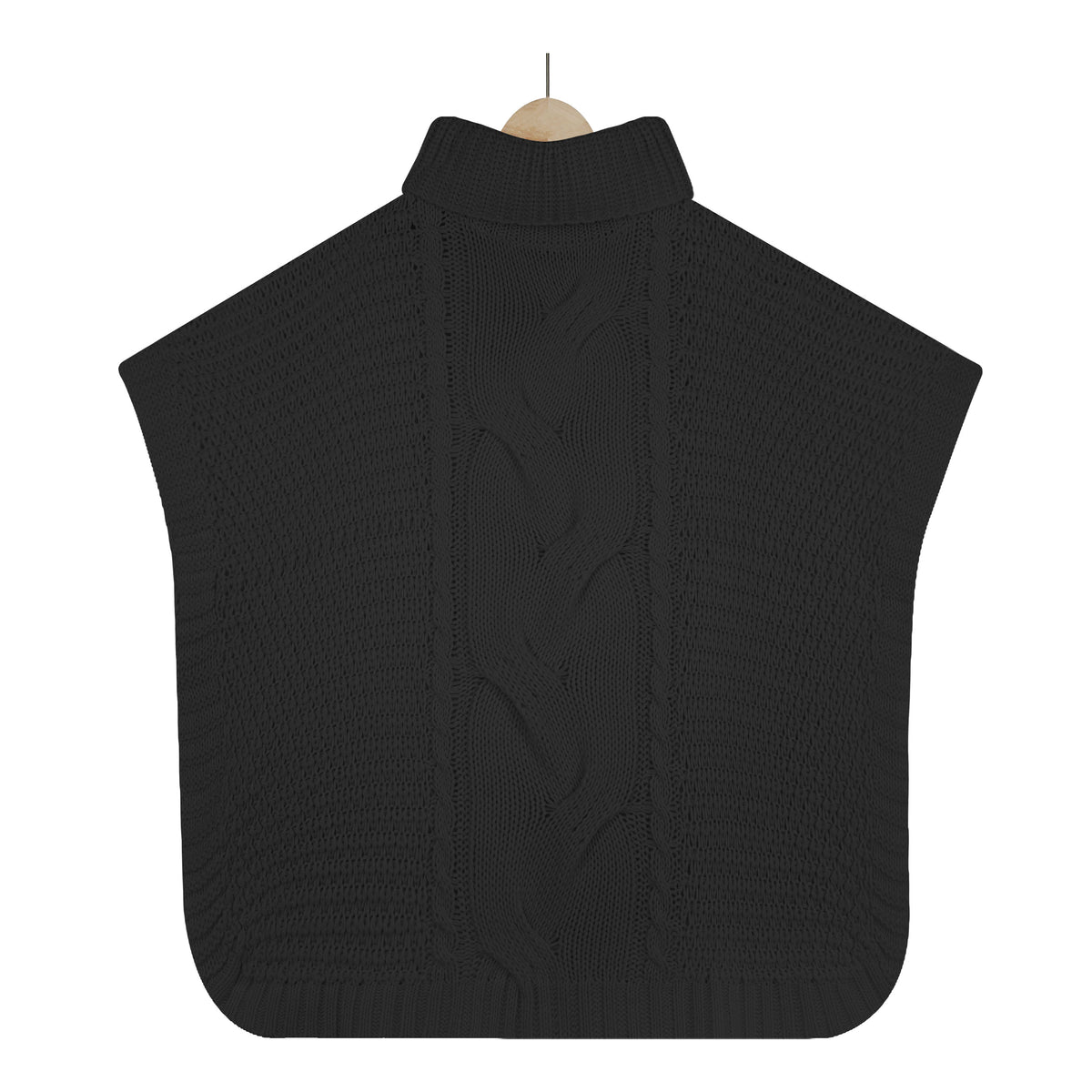 Cable Knit Turtleneck Cape Tunic Sweater - Black - 3