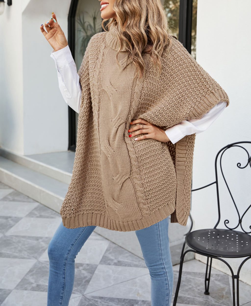 Cable Knit Turtleneck Cape Tunic Sweater - Khaki