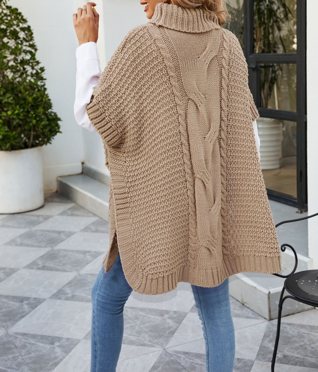 Cable Knit Turtleneck Cape Tunic Sweater - Khaki - 3