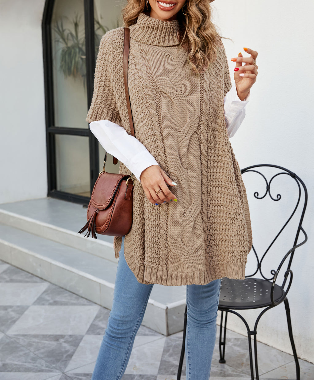 Cable Knit Turtleneck Cape Tunic Sweater - Khaki - 4