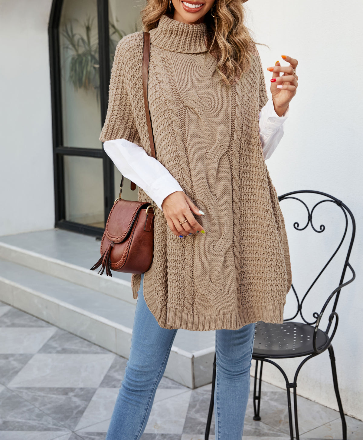 Cable Knit Turtleneck Cape Tunic Sweater - Khaki - 4