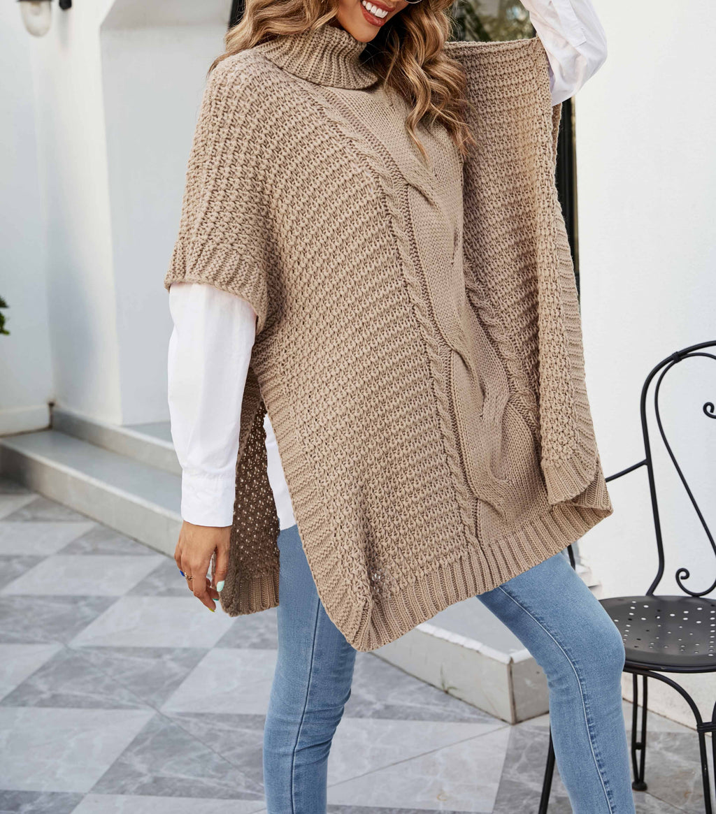 Cable Knit Turtleneck Cape Tunic Sweater - Khaki - 6
