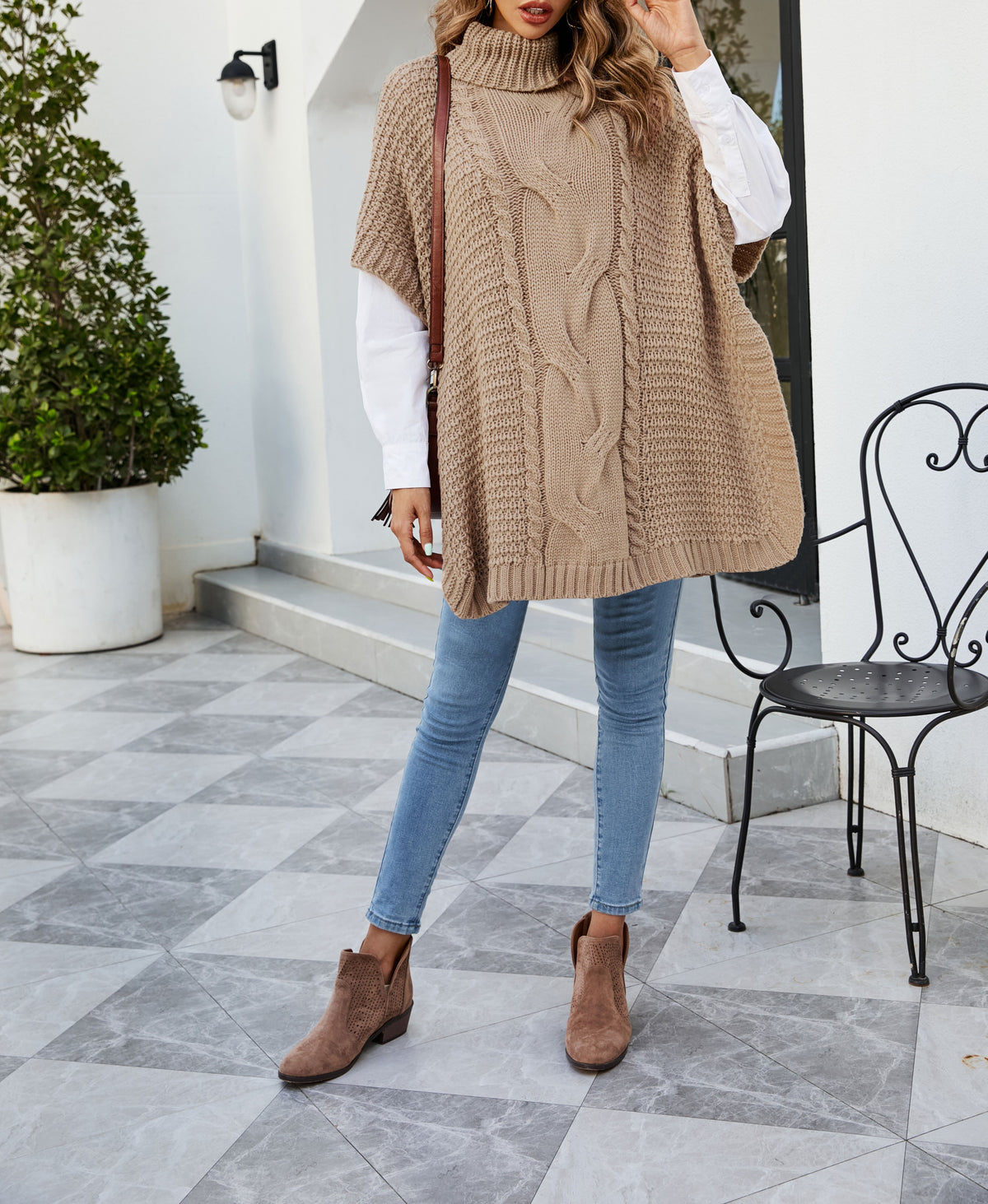 Cable Knit Turtleneck Cape Tunic Sweater - Khaki - 7