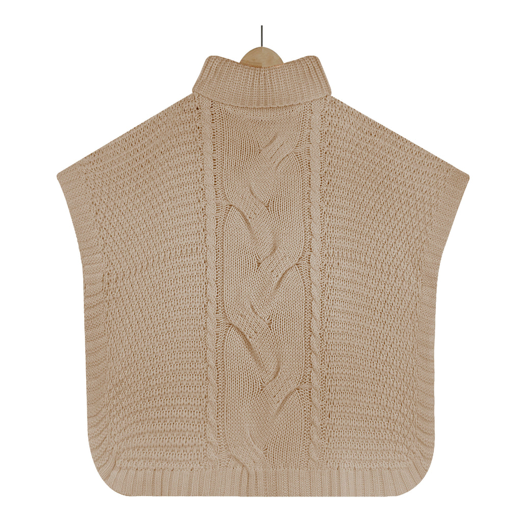 Cable Knit Turtleneck Cape Tunic Sweater - Khaki - 8