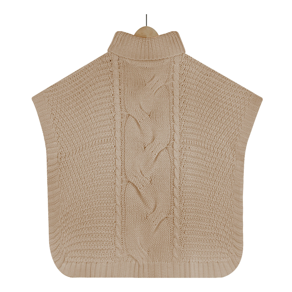 Cable Knit Turtleneck Cape Tunic Sweater - Khaki - 8