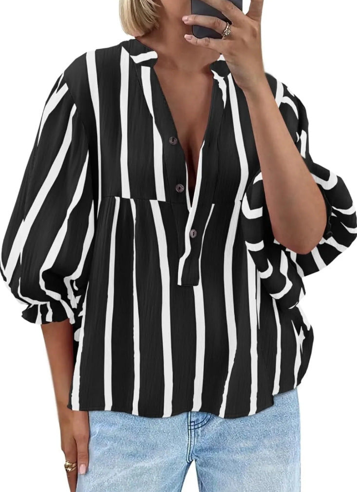 Striped Peplum Blouse With Balloon Sleeves - Black