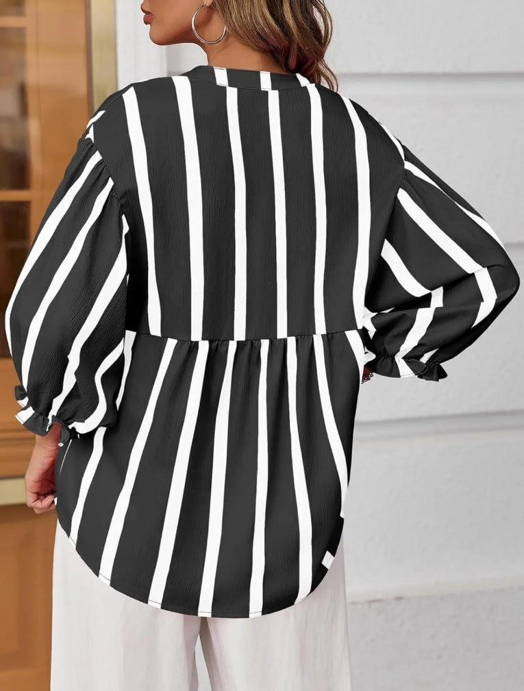 Striped Peplum Blouse With Balloon Sleeves - Black - 2