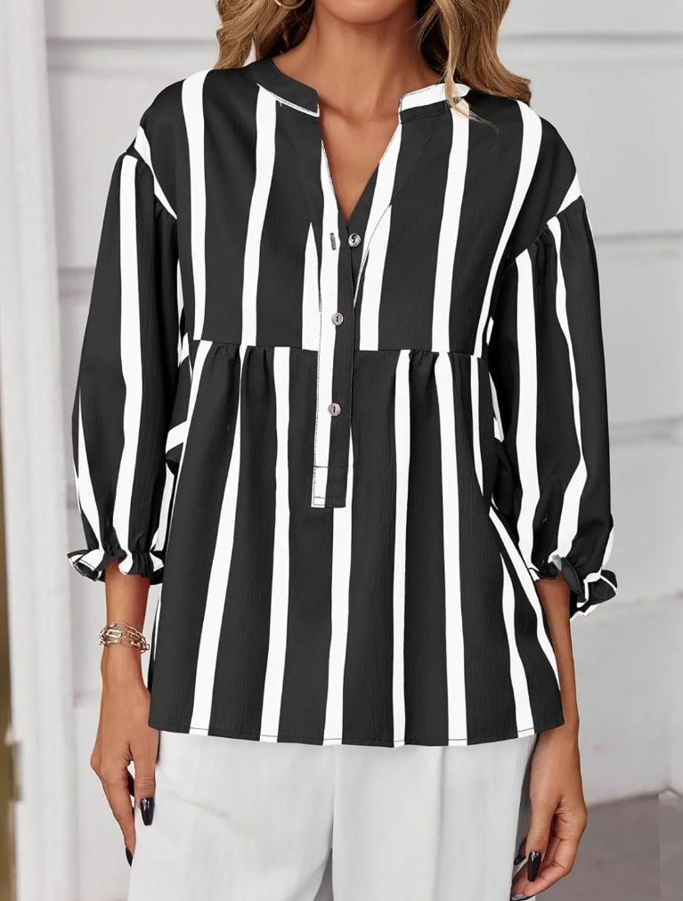 Striped Peplum Blouse With Balloon Sleeves - Black - 3