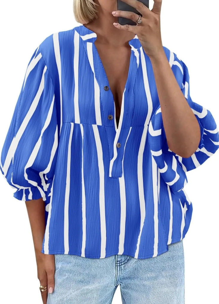 Striped Peplum Blouse With Balloon Sleeves - Blue