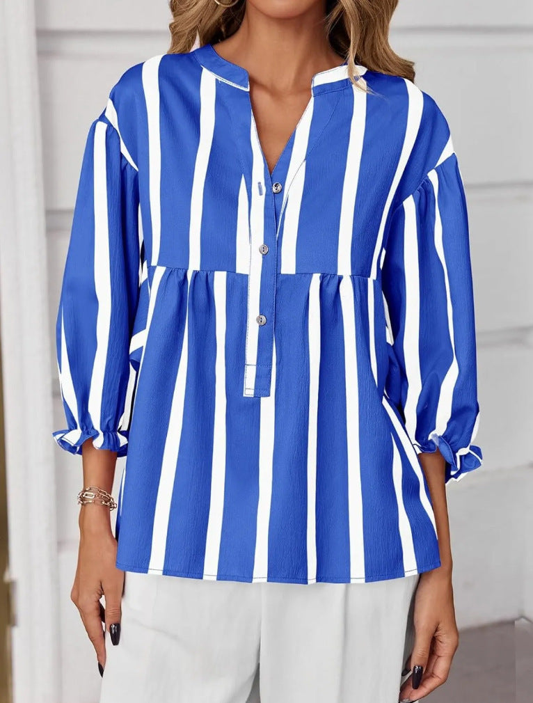 Striped Peplum Blouse With Balloon Sleeves - Blue - 1