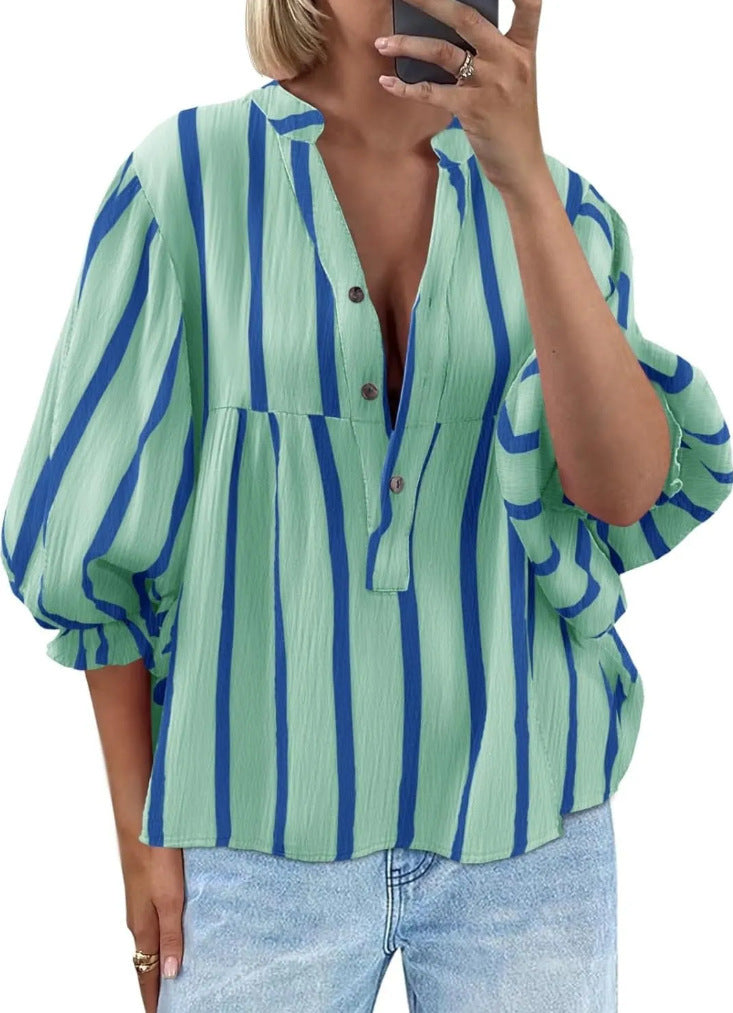 Striped Peplum Blouse With Balloon Sleeves - Green