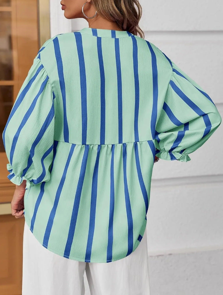 Striped Peplum Blouse With Balloon Sleeves - Green - 3