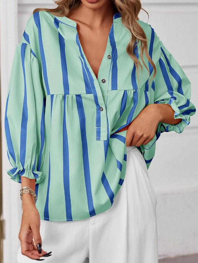 Striped Peplum Blouse With Balloon Sleeves - Green - 4
