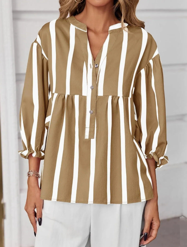 Striped Peplum Blouse With Balloon Sleeves - Khaki - 2