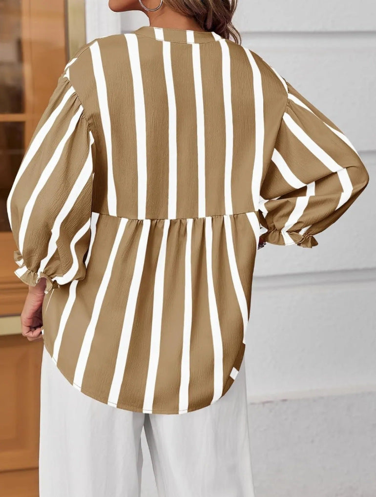 Striped Peplum Blouse With Balloon Sleeves - Khaki - 3