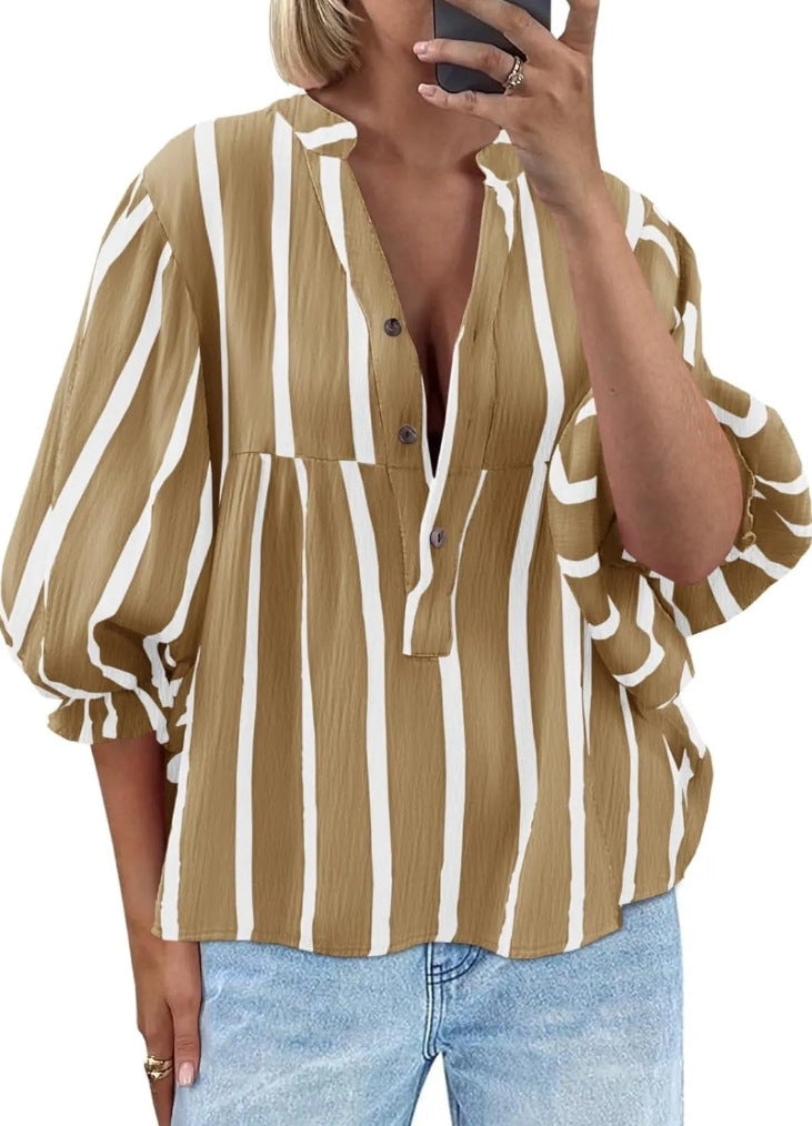 Striped Peplum Blouse With Balloon Sleeves - Khaki - 4