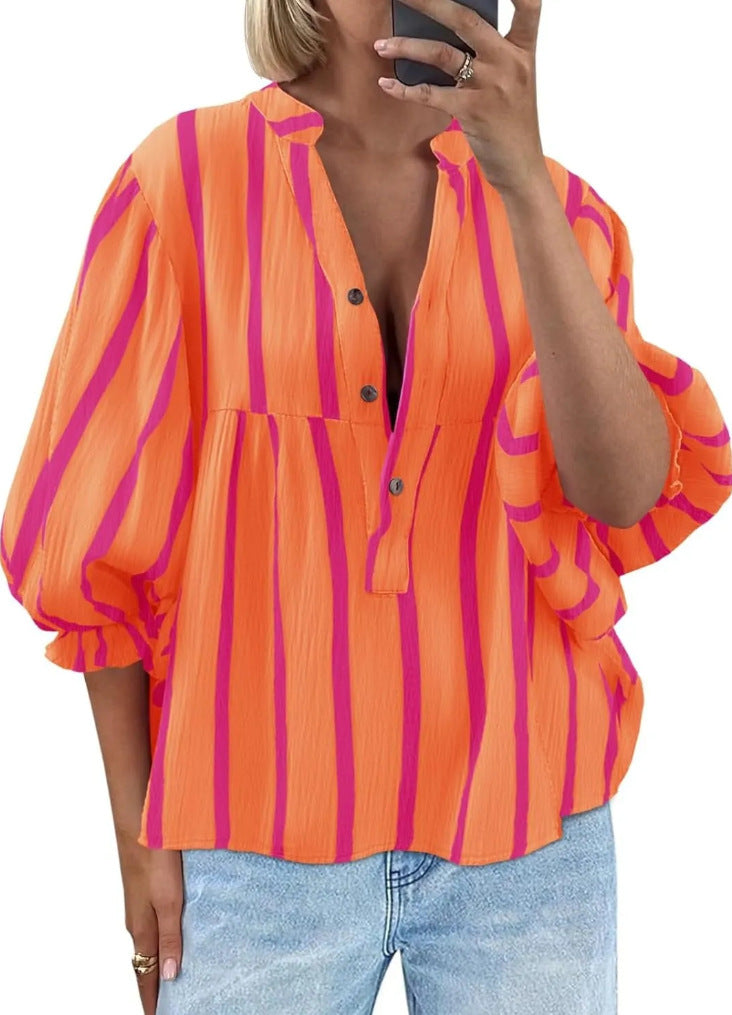 Striped Peplum Blouse With Balloon Sleeves - Orange