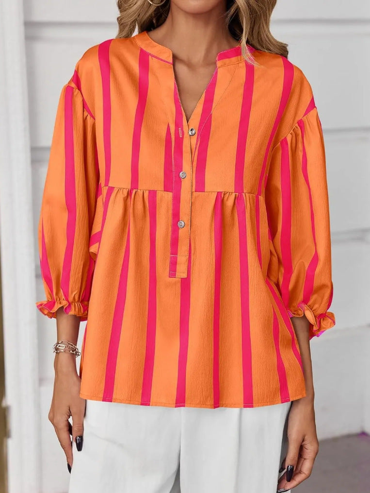 Striped Peplum Blouse With Balloon Sleeves - Orange - 1