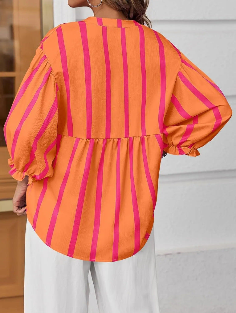 Striped Peplum Blouse With Balloon Sleeves - Orange - 2