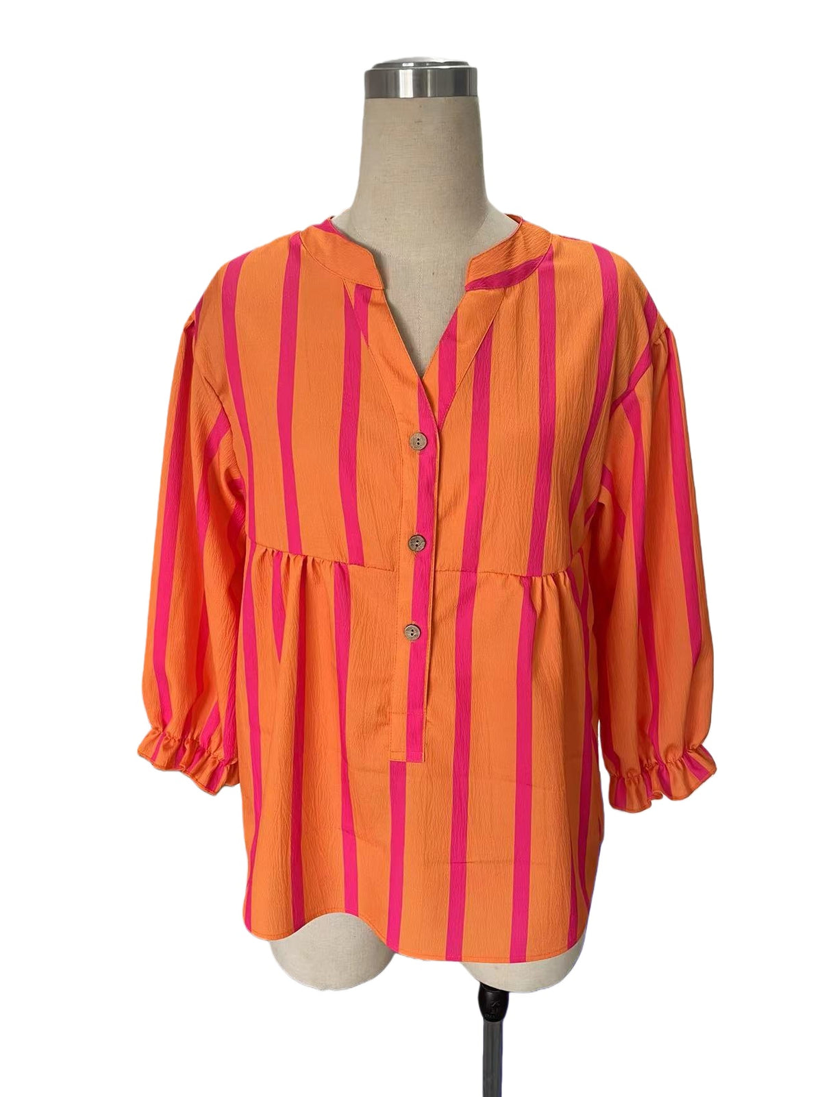 Striped Peplum Blouse With Balloon Sleeves - Orange - 4