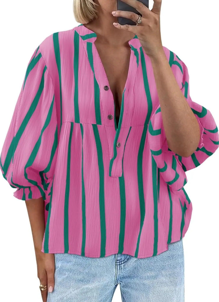 Striped Peplum Blouse With Balloon Sleeves - Purple