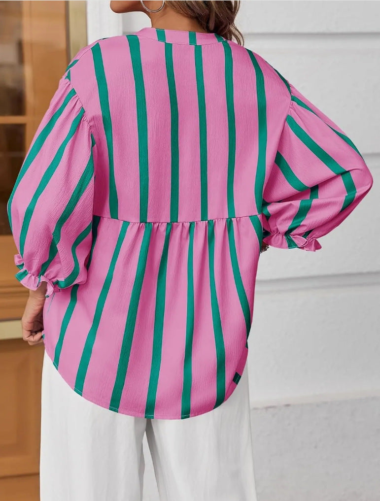 Striped Peplum Blouse With Balloon Sleeves - Purple - 2