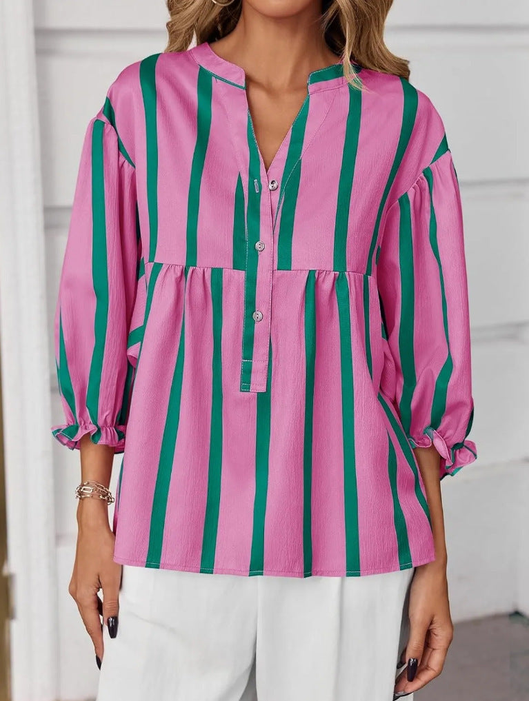 Striped Peplum Blouse With Balloon Sleeves - Purple - 3