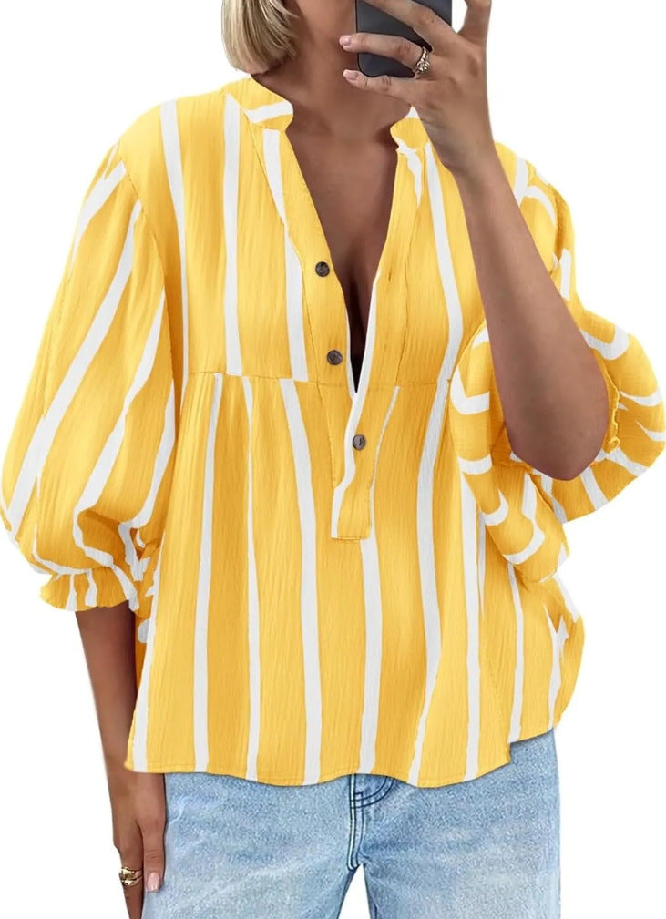 Striped Peplum Blouse With Balloon Sleeves - Yellow