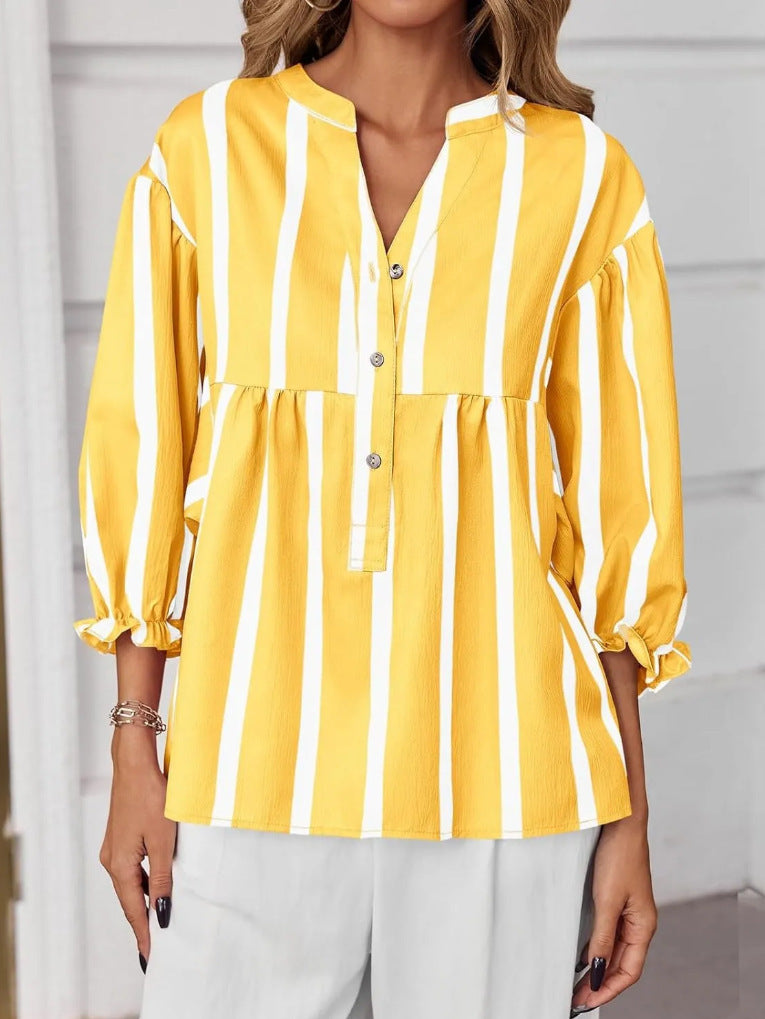 Striped Peplum Blouse With Balloon Sleeves - Yellow - 1