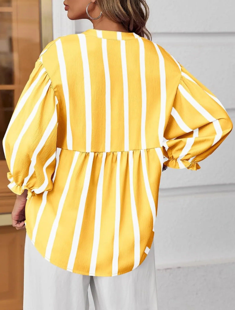 Striped Peplum Blouse With Balloon Sleeves - Yellow - 2