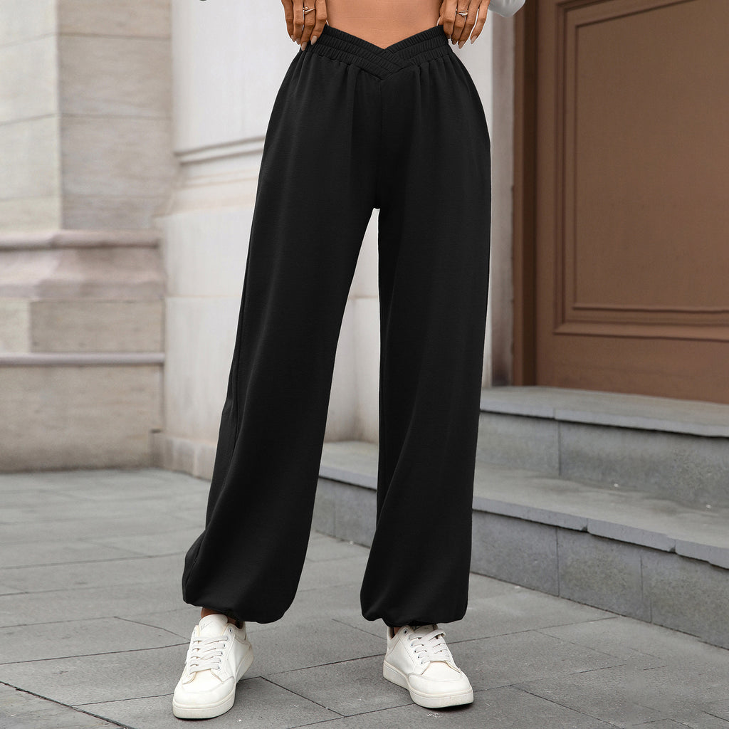 Crossover Waist Wide Leg Jogger Pants - Black