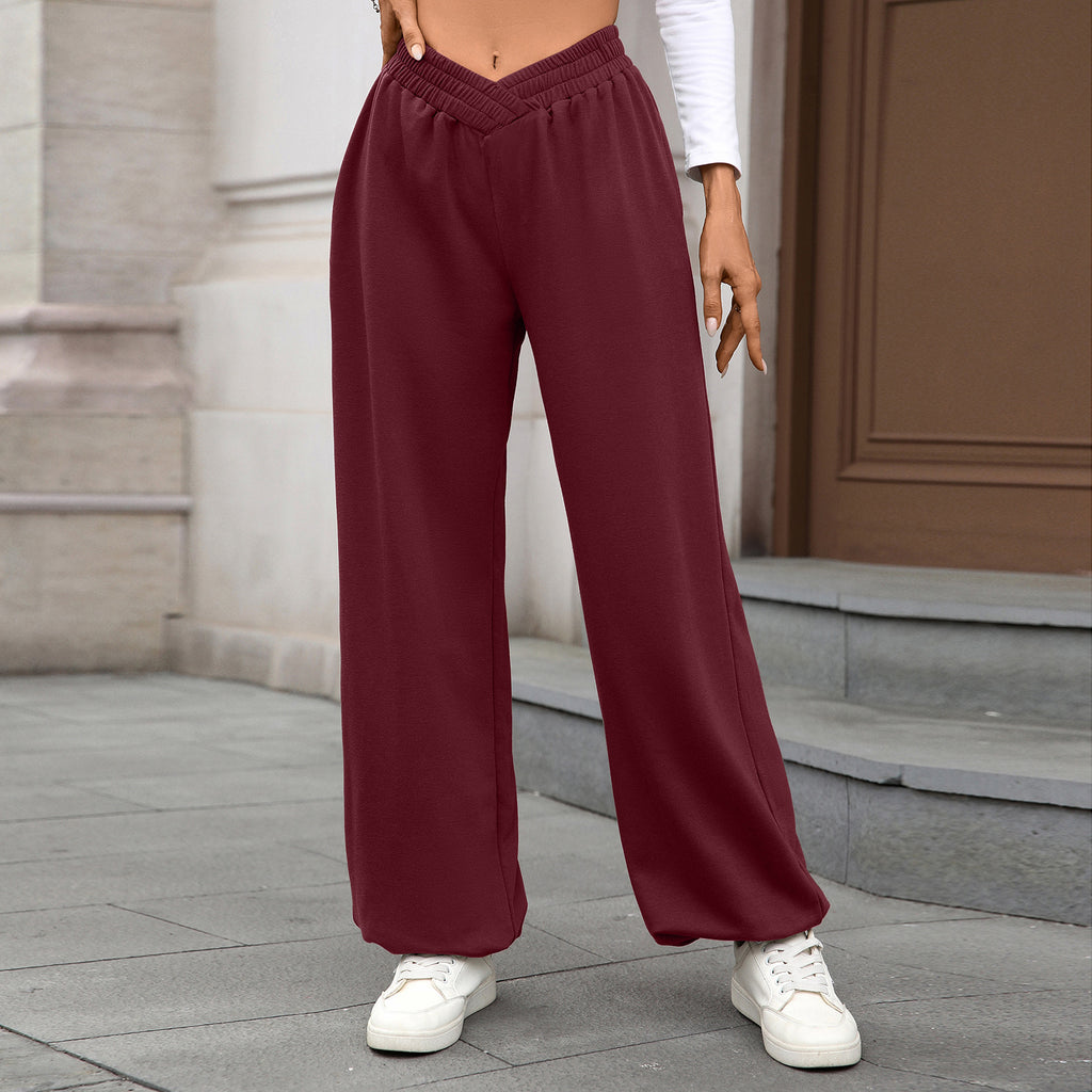 Crossover Waist Wide Leg Jogger Pants - Winered