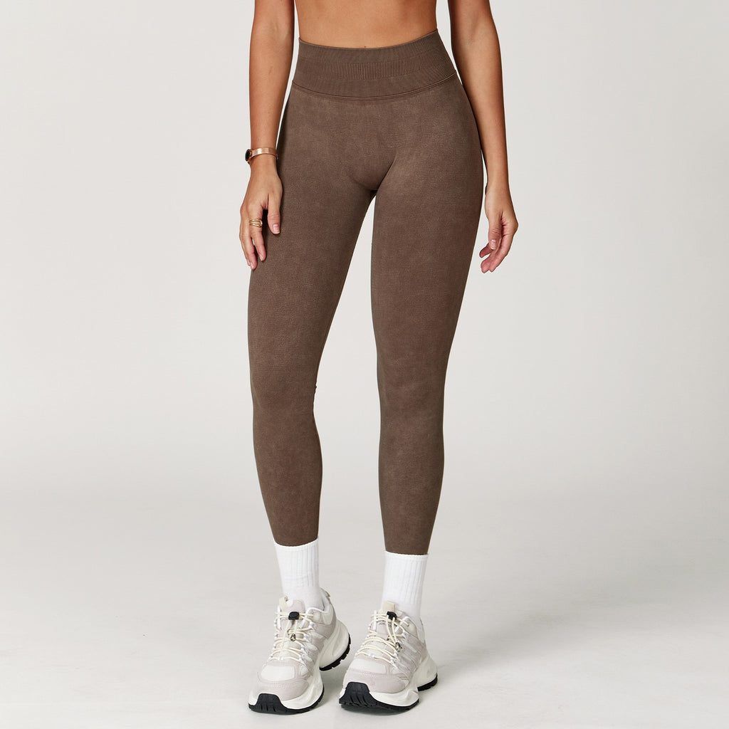 Acid Wash Seamless Scrunch High Waist Yoga Leggings - Mocha Brown