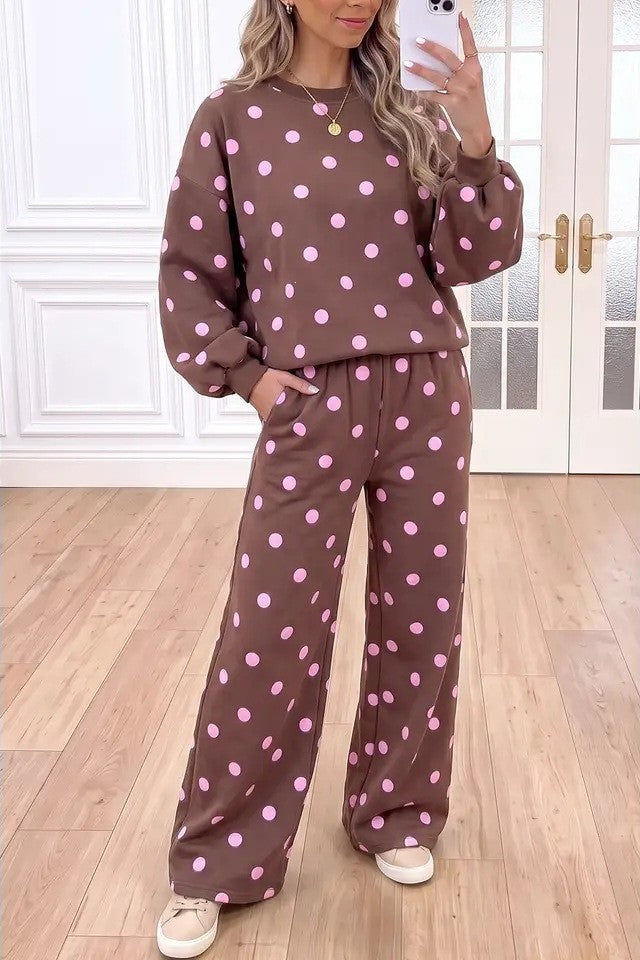 Polka Dot Crew Neck Pullover and Straight Pants Set - Brown